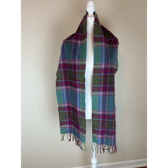 Blarney Woolen Mills Scarf Blue Pink Plaid 100% LambsWool Ireland Fringe Scotch - Picture 1 of 2